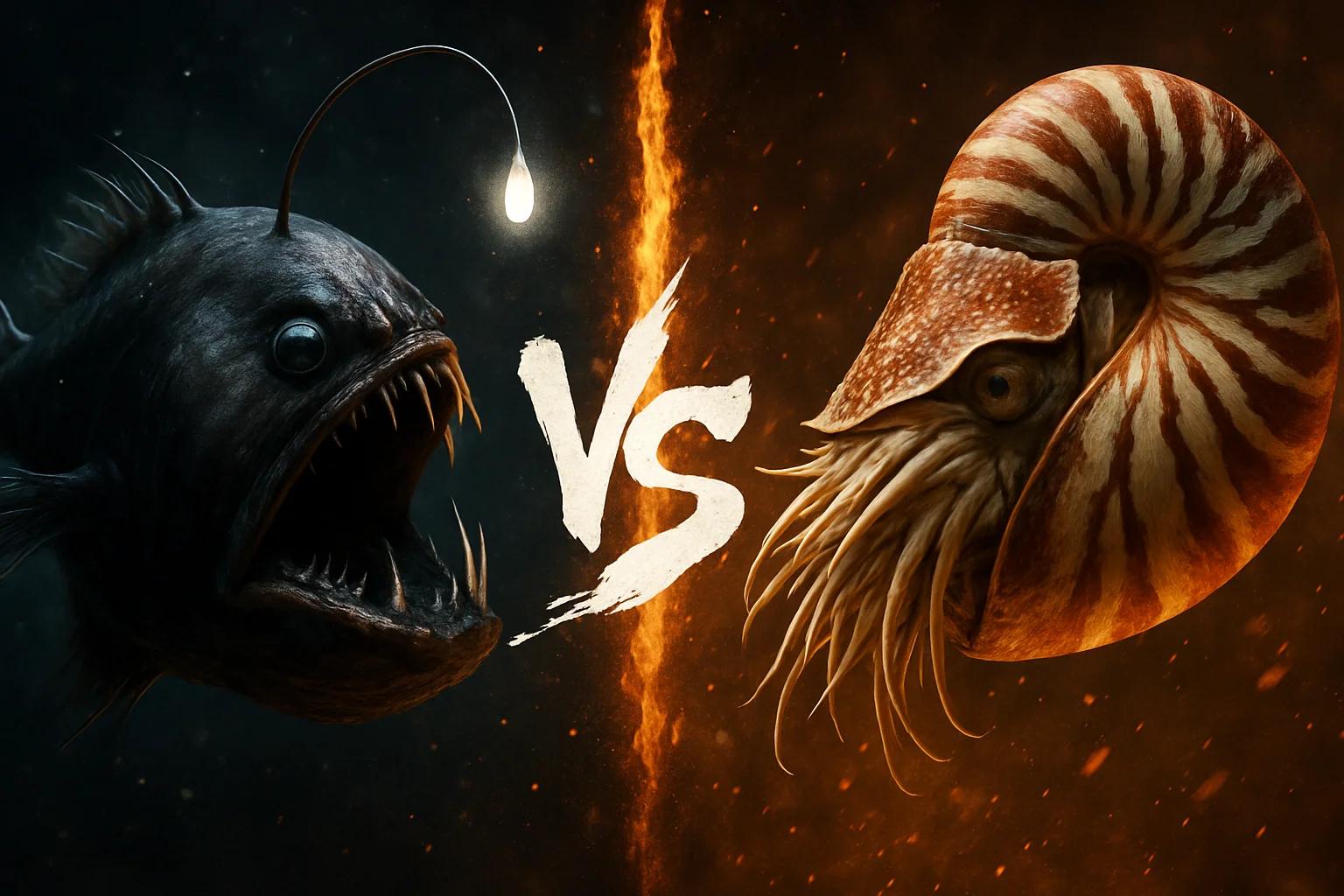 anglerfish-1453-vs-chambered-nautilus comparison image on AnimalDex