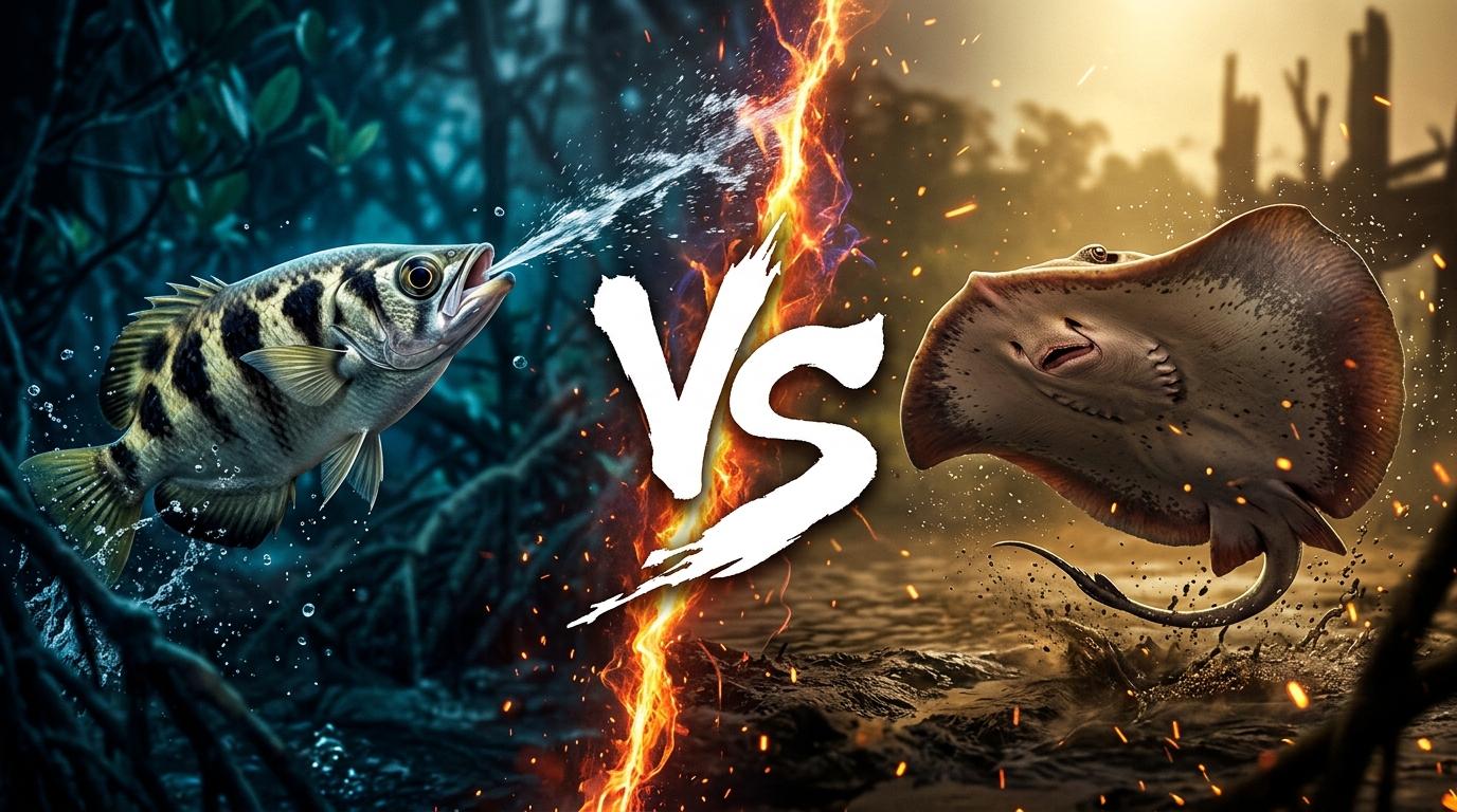 archerfish-vs-giant-freshwater-stingray comparison image on AnimalDex