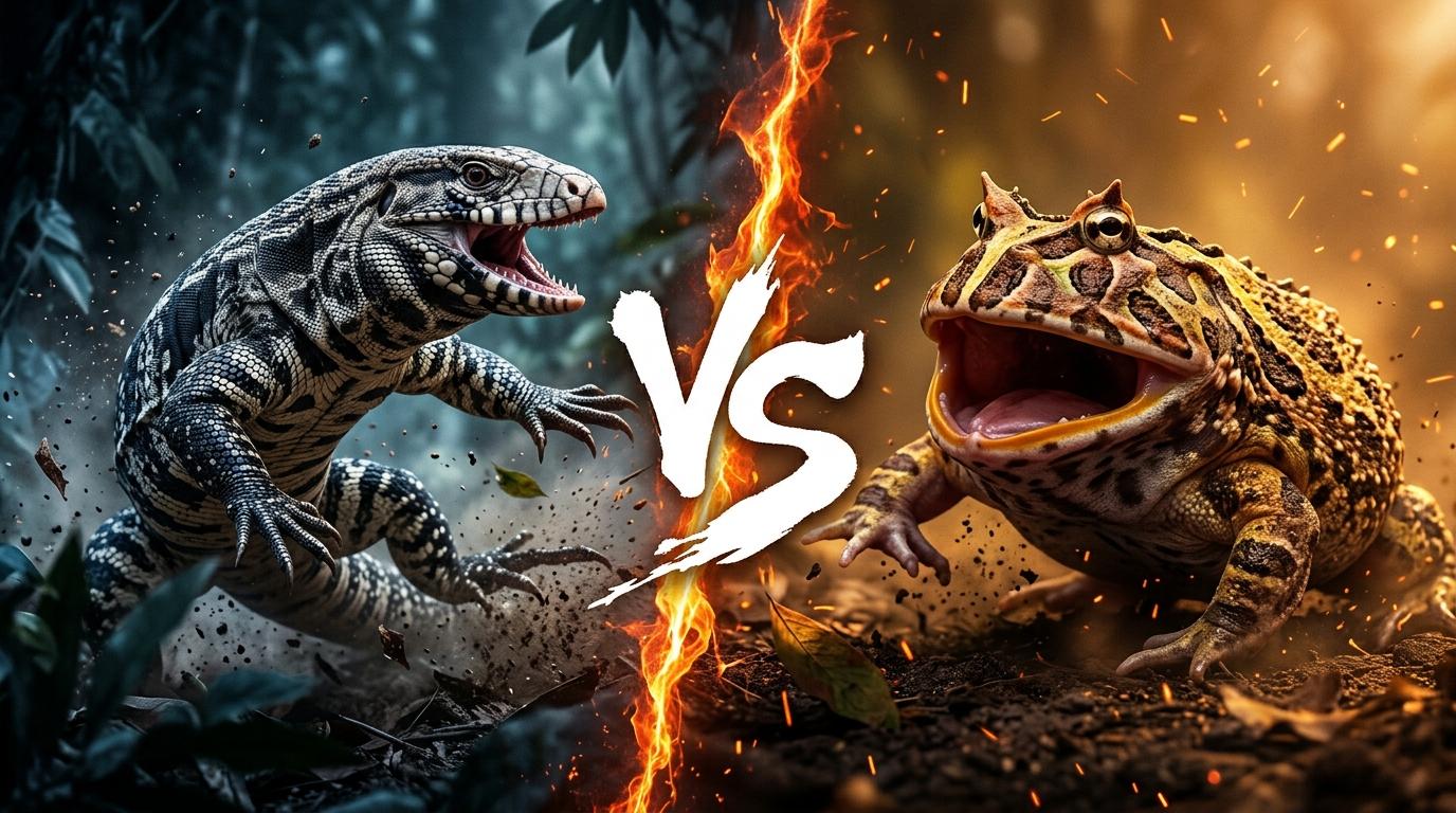 argentine-black-and-white-tegu-vs-ornate-horned-frog comparison image on AnimalDex