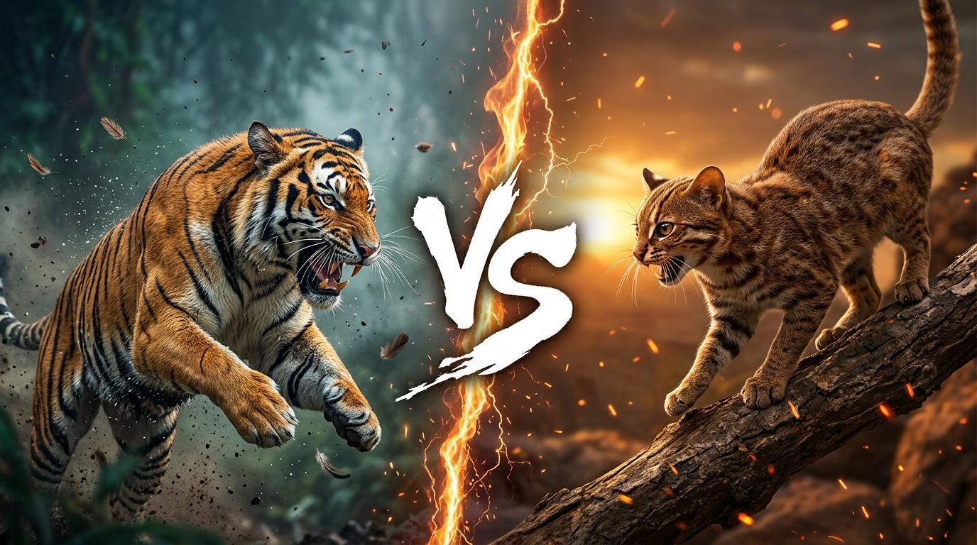 bengal-tiger-vs-rusty-spotted-cat comparison image on AnimalDex