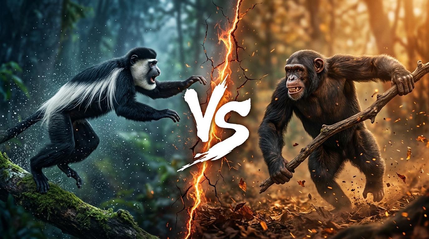 black-and-white-colobus-vs-chimpanzee comparison image on AnimalDex