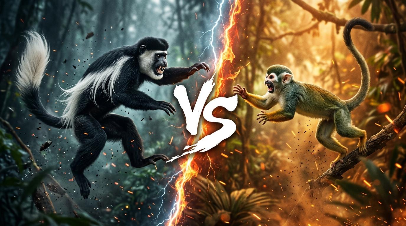 black-and-white-colobus-vs-squirrel-monkey comparison image on AnimalDex