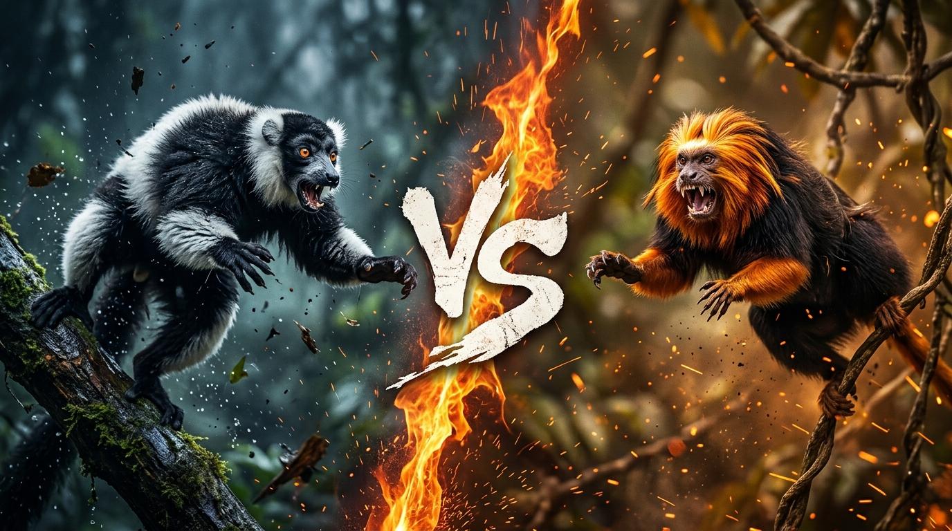 black-and-white-ruffed-lemur-vs-golden-headed-lion-tamarin comparison image on AnimalDex