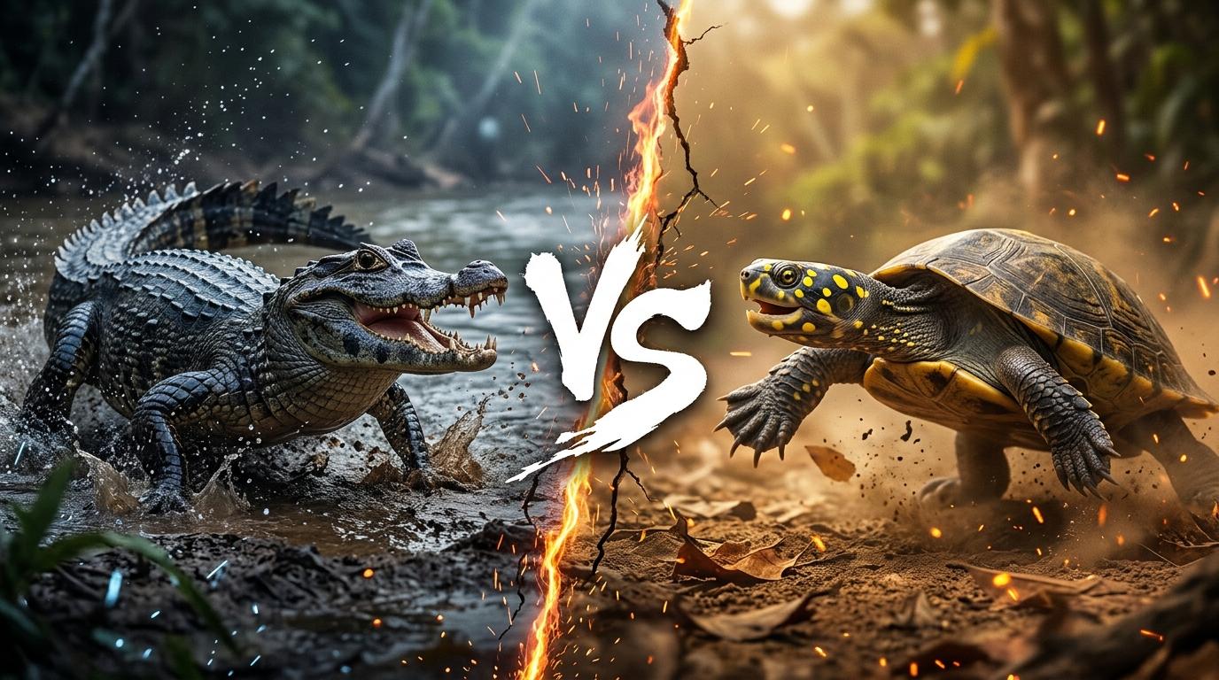black-caiman-vs-yellow-spotted-river-turtle comparison image on AnimalDex