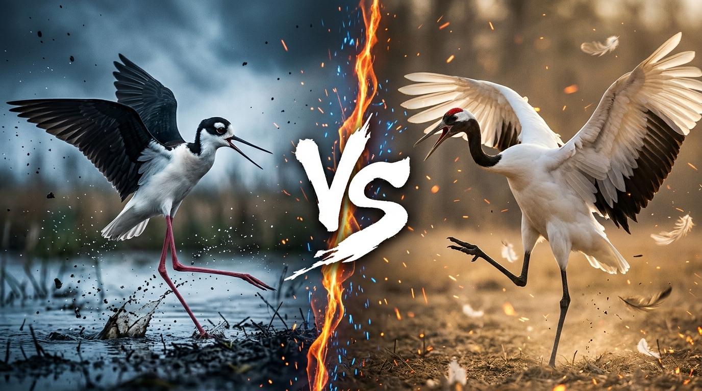 black-necked-stilt-vs-red-crowned-crane comparison image on AnimalDex