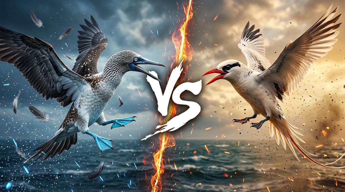blue-footed-booby-vs-red-billed-tropicbird comparison image on AnimalDex