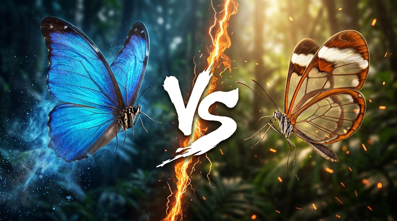 blue-morpho-vs-glasswing-butterfly comparison image on AnimalDex