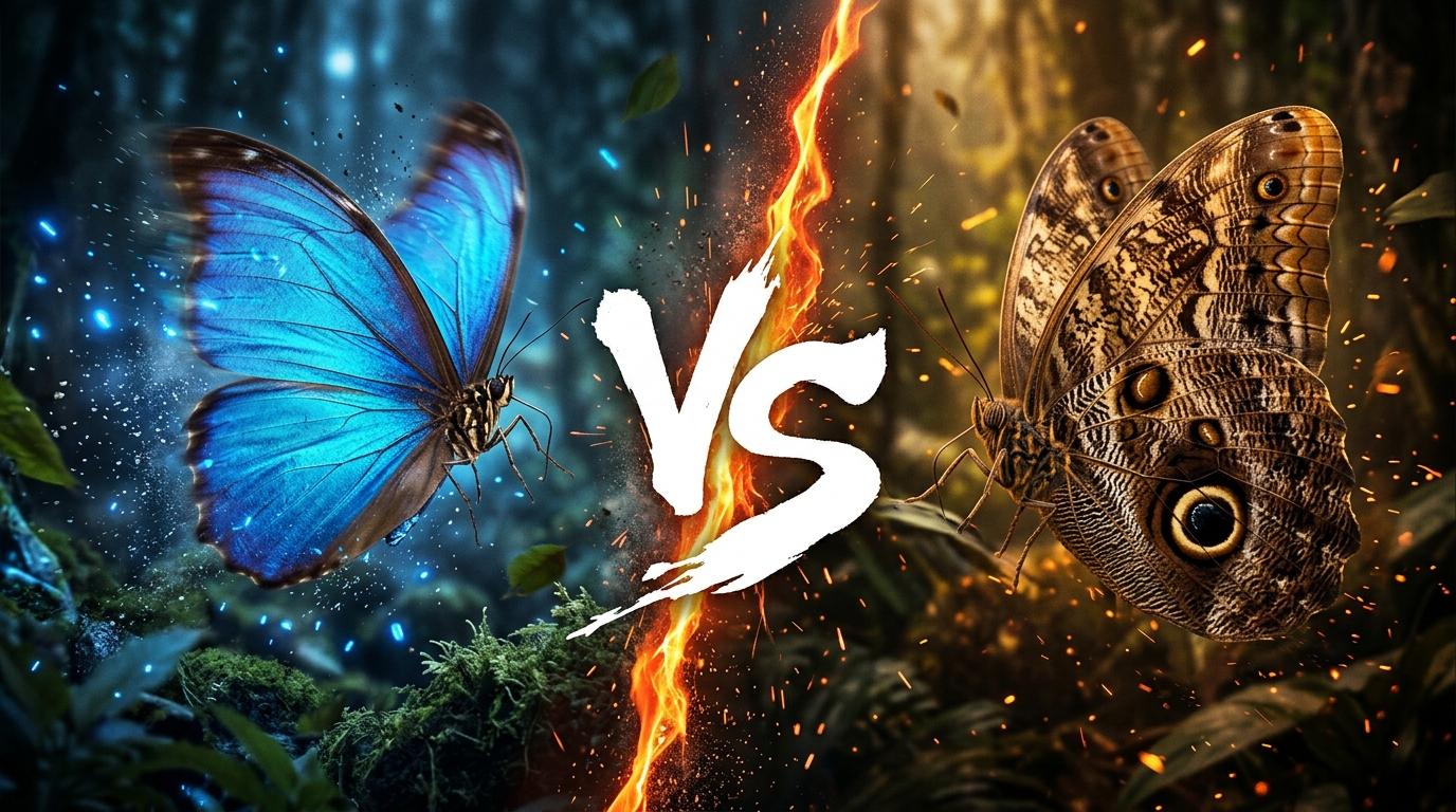 blue-morpho-vs-owl-butterfly comparison image on AnimalDex