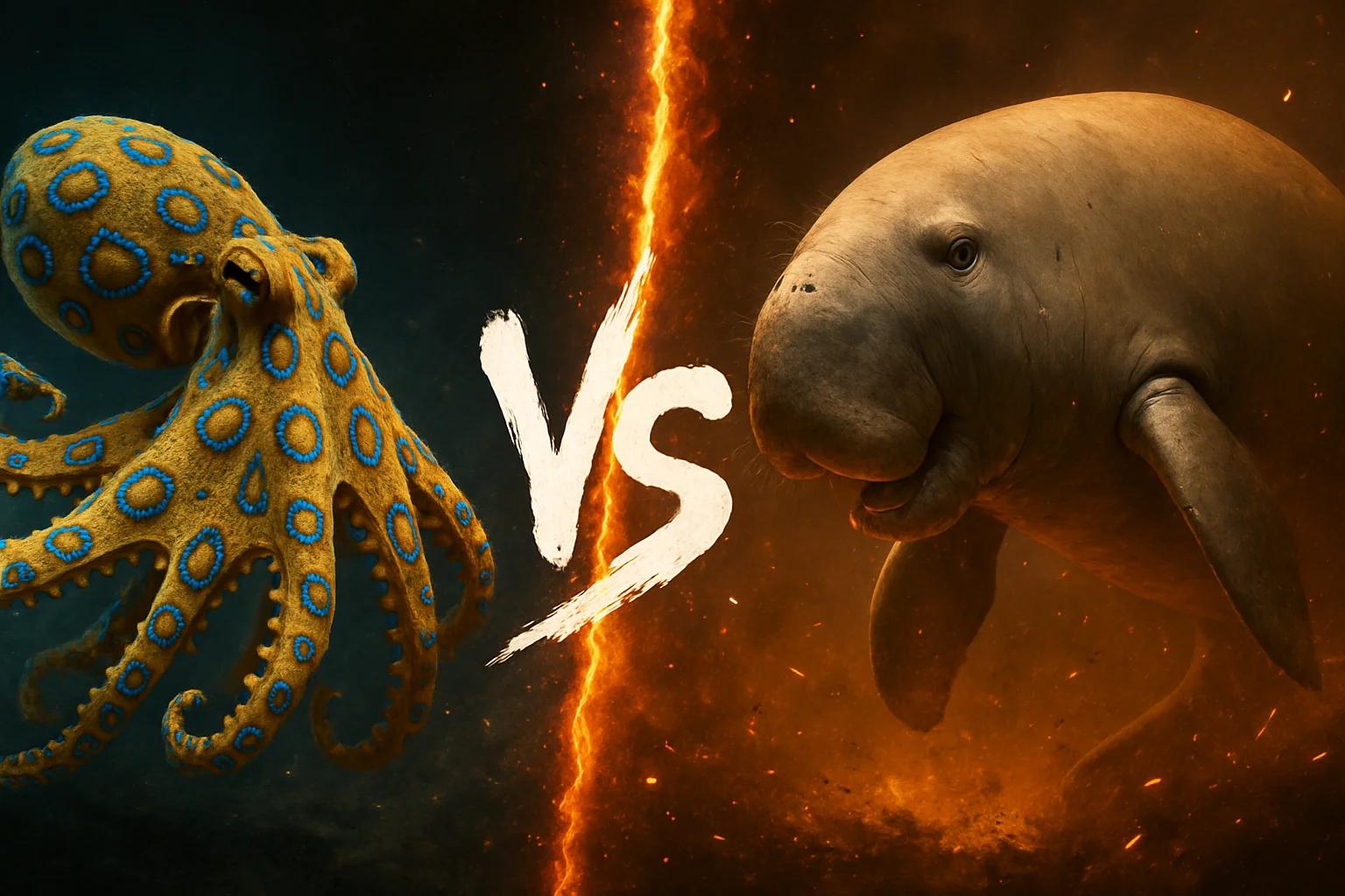 blue-ringed-octopus-vs-dugong comparison image on AnimalDex