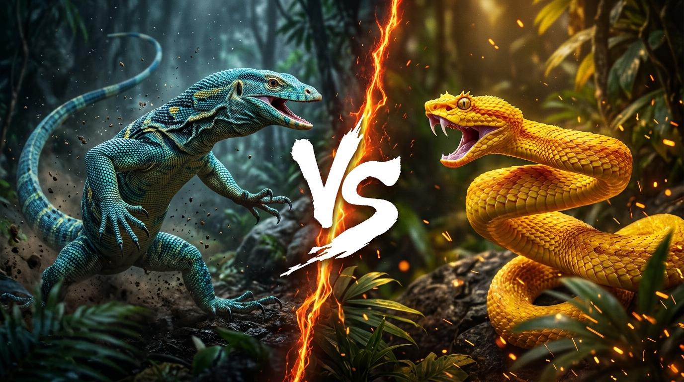 blue-tree-monitor-vs-eyelash-viper comparison image on AnimalDex