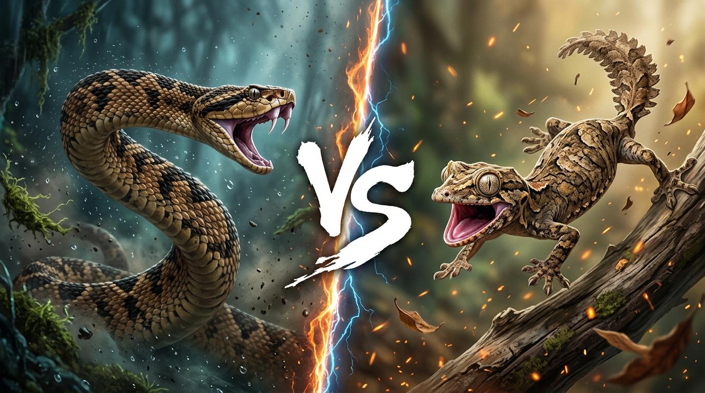 bushmaster-vs-giant-leaf-tailed-gecko comparison image on AnimalDex