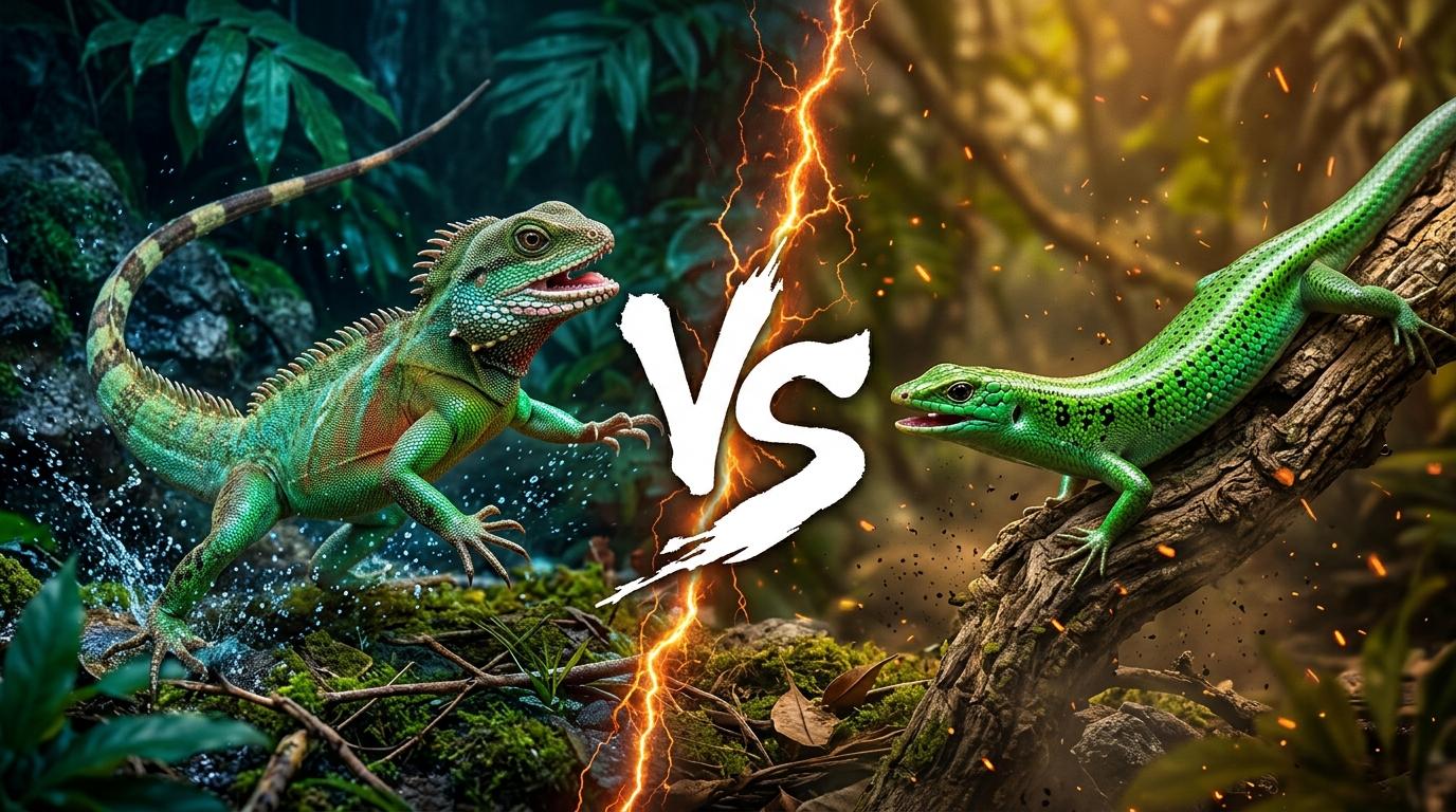 chinese-water-dragon-vs-emerald-tree-skink comparison image on AnimalDex