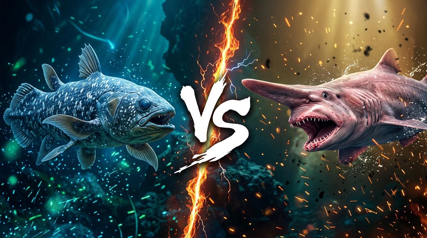 coelacanth-vs-goblin-shark comparison image on AnimalDex