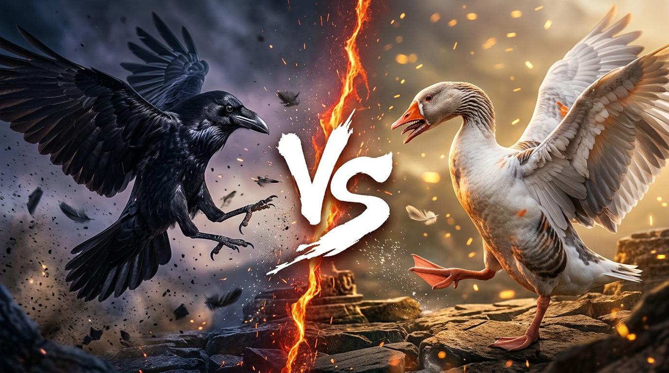 common-raven-vs-domestic-goose comparison image on AnimalDex