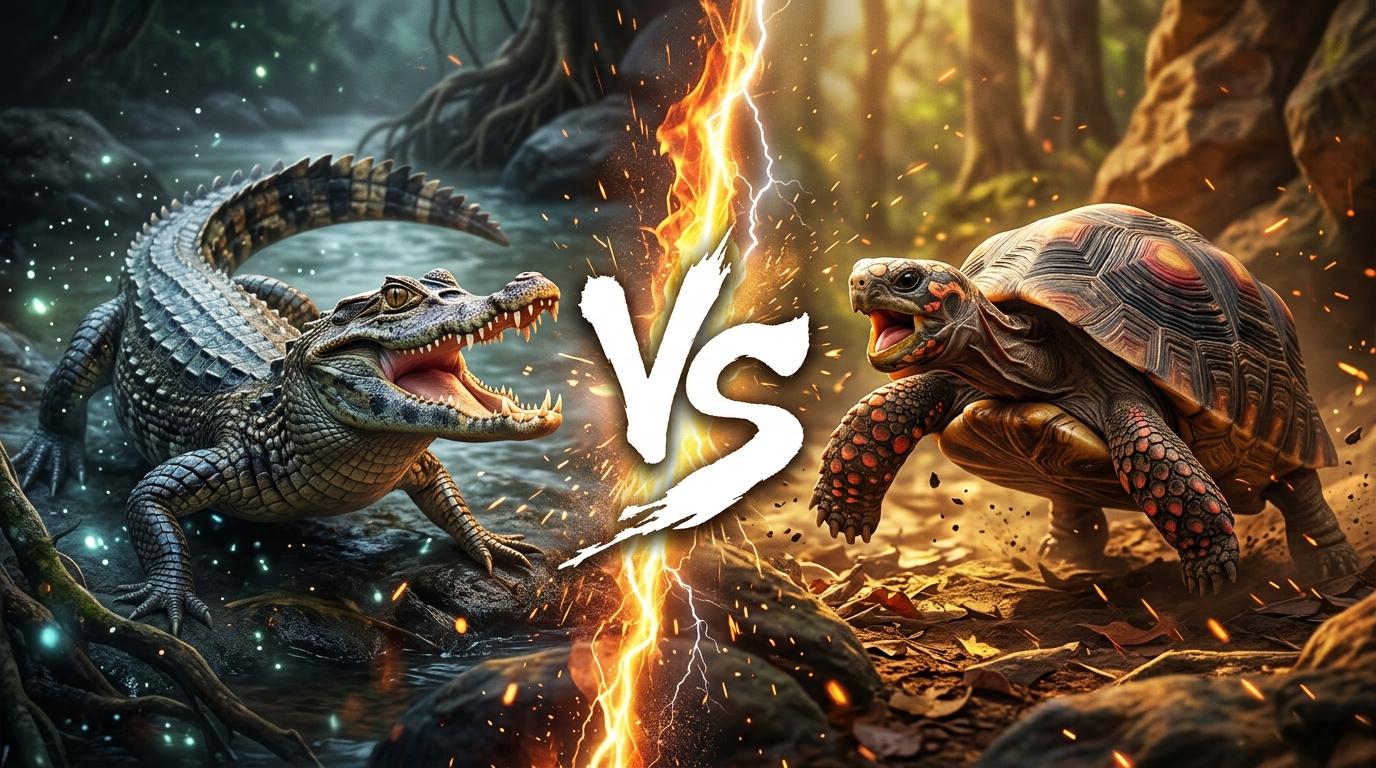 dwarf-caiman-vs-red-footed-tortoise comparison image on AnimalDex