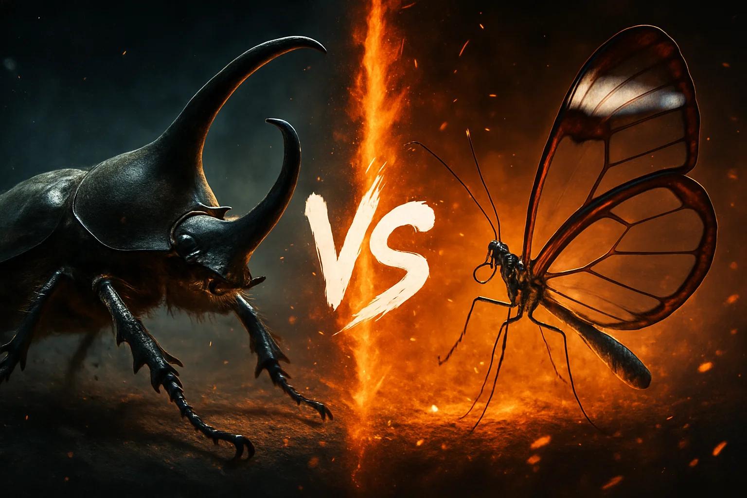 elephant-beetle-vs-glasswing-butterfly comparison image on AnimalDex