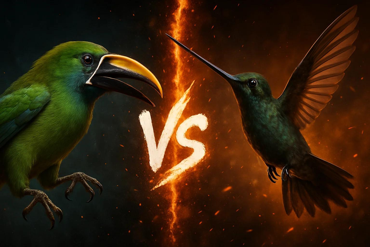 emerald-toucanet-vs-sword-billed-hummingbird comparison image on AnimalDex