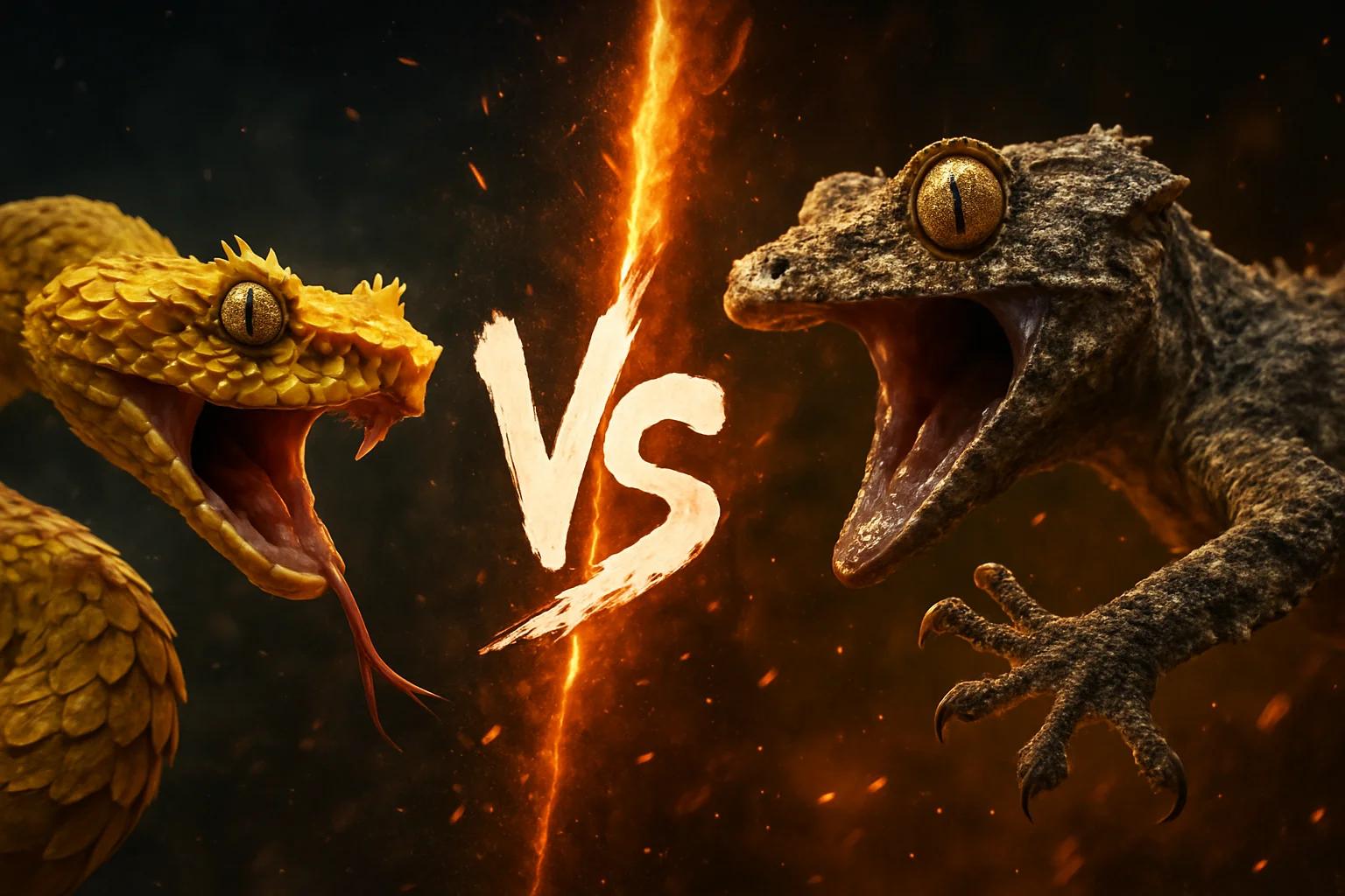 eyelash-viper-vs-giant-leaf-tailed-gecko comparison image on AnimalDex