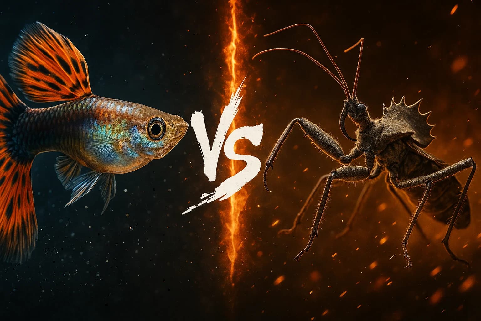 fancy-guppy-vs-wheel-bug comparison image on AnimalDex