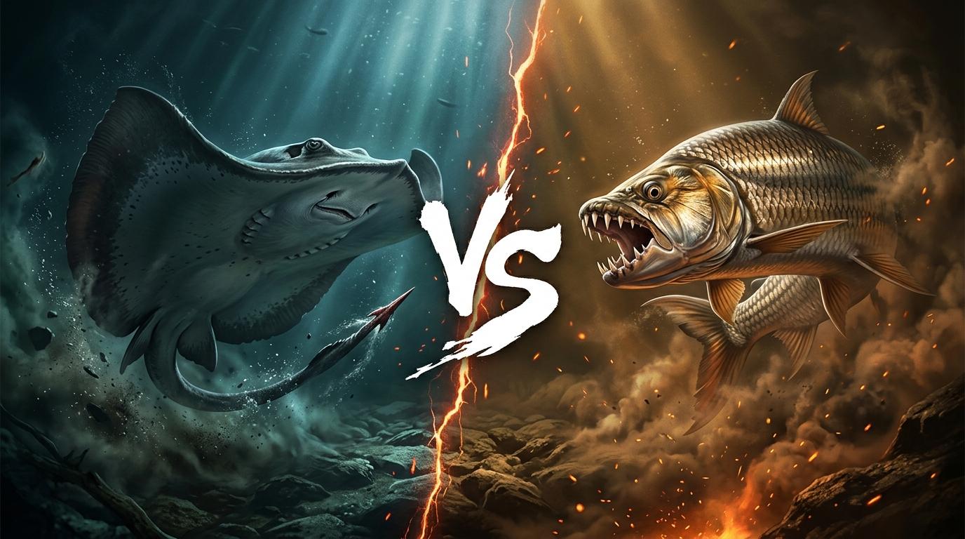 giant-freshwater-stingray-vs-goliath-tigerfish comparison image on AnimalDex