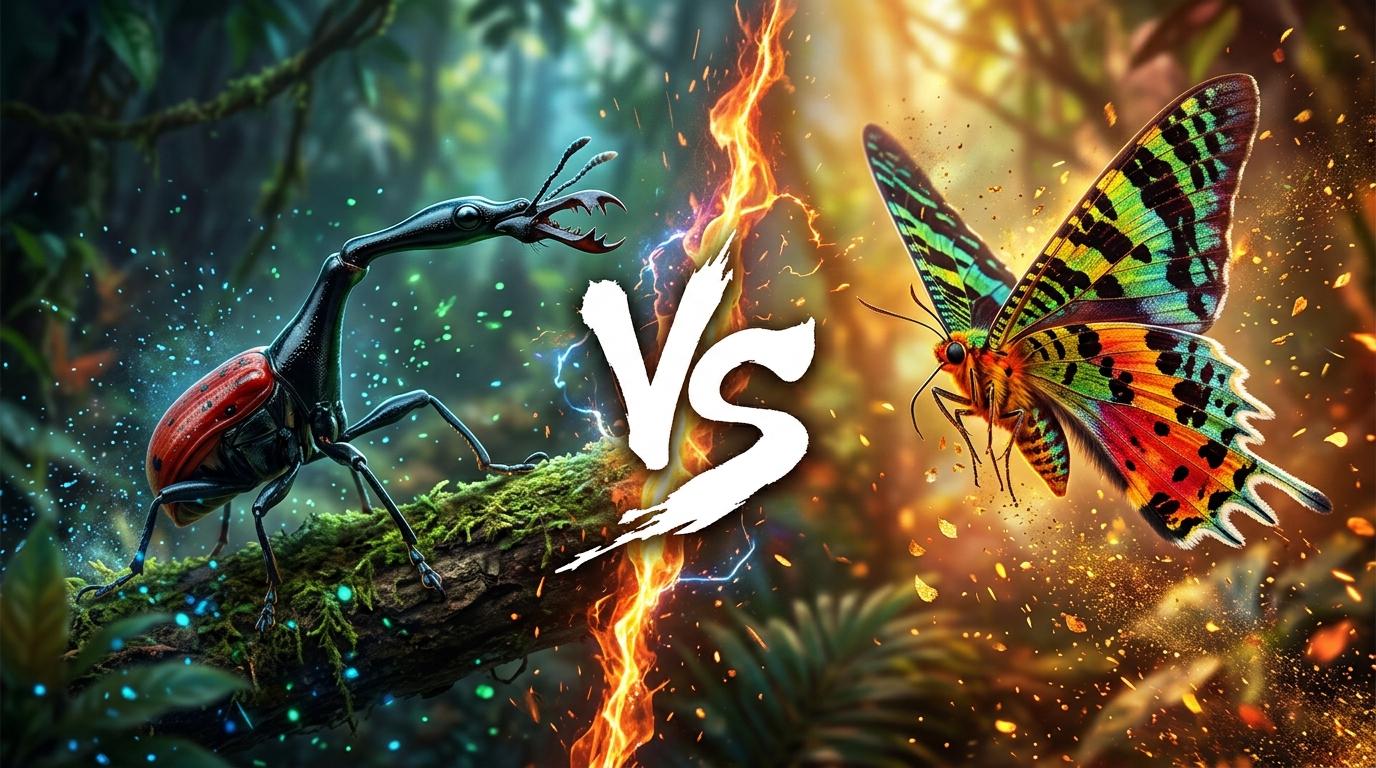 giraffe-weevil-vs-sunset-moth comparison image on AnimalDex