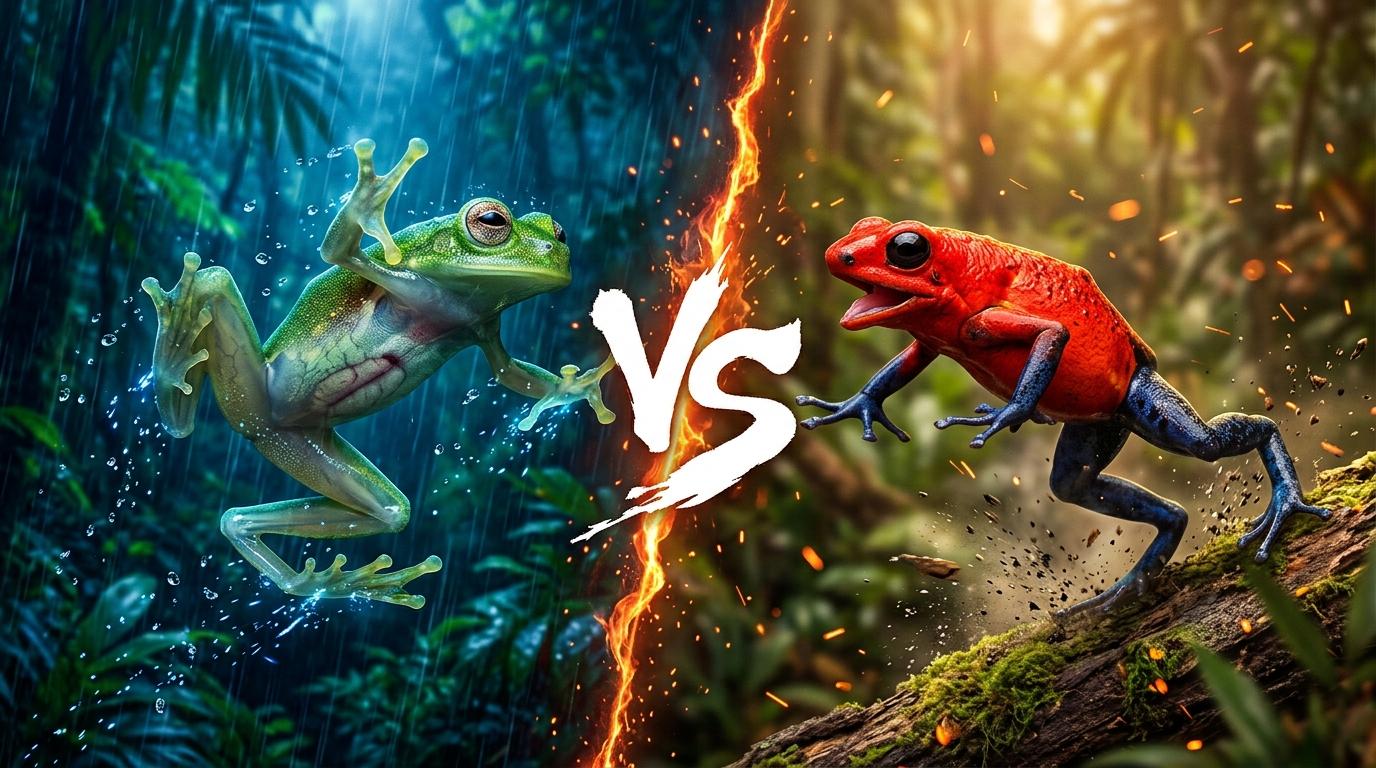 glass-frog-vs-strawberry-poison-dart-frog comparison image on AnimalDex