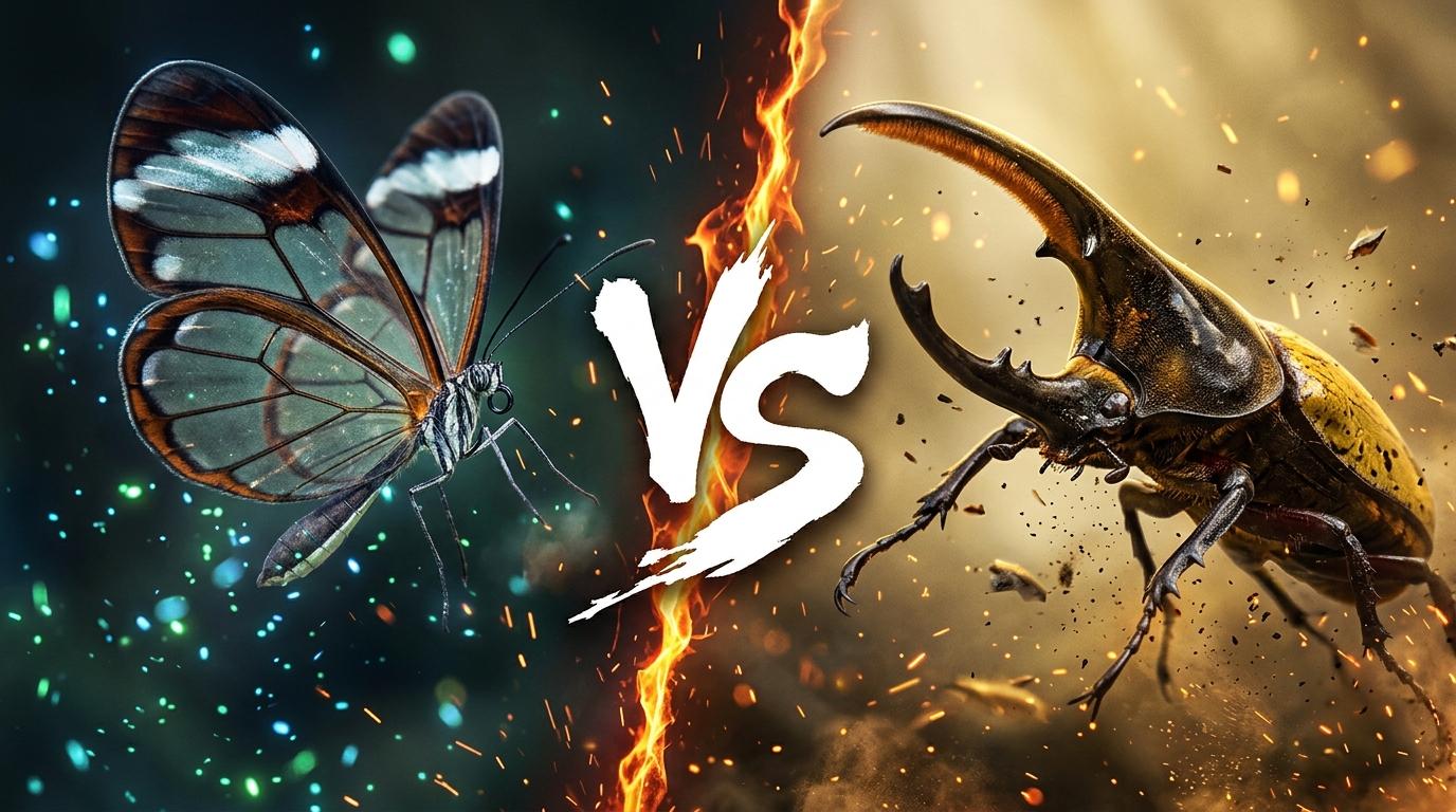 glasswing-butterfly-vs-hercules-beetle comparison image on AnimalDex
