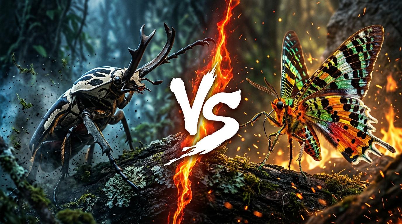 goliath-beetle-vs-sunset-moth comparison image on AnimalDex