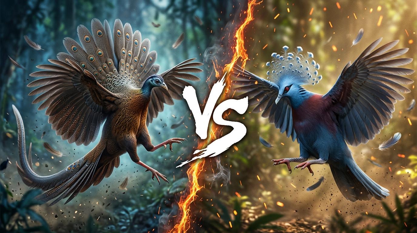 great-argus-vs-western-crowned-pigeon comparison image on AnimalDex