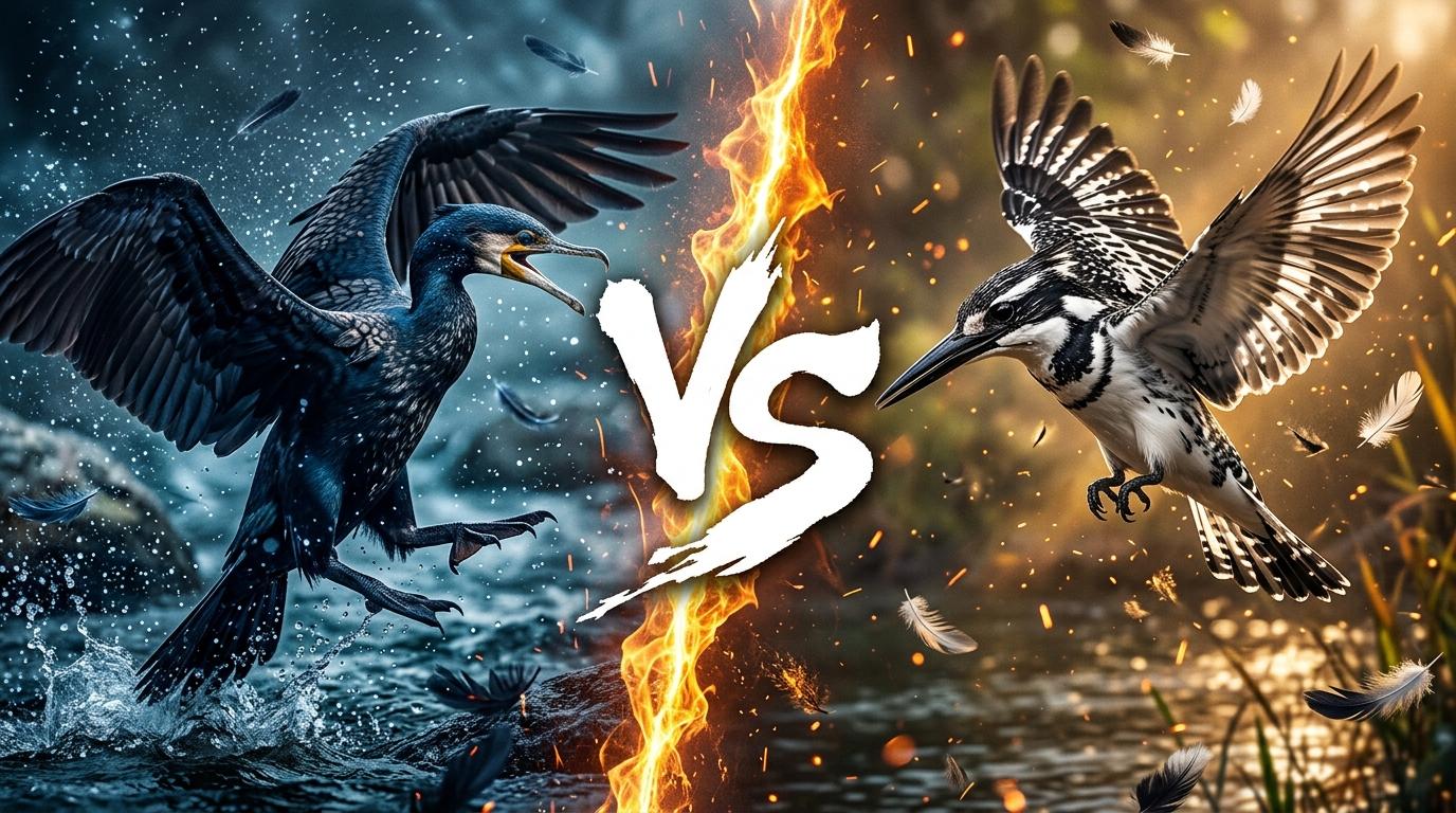 great-cormorant-vs-pied-kingfisher comparison image on AnimalDex