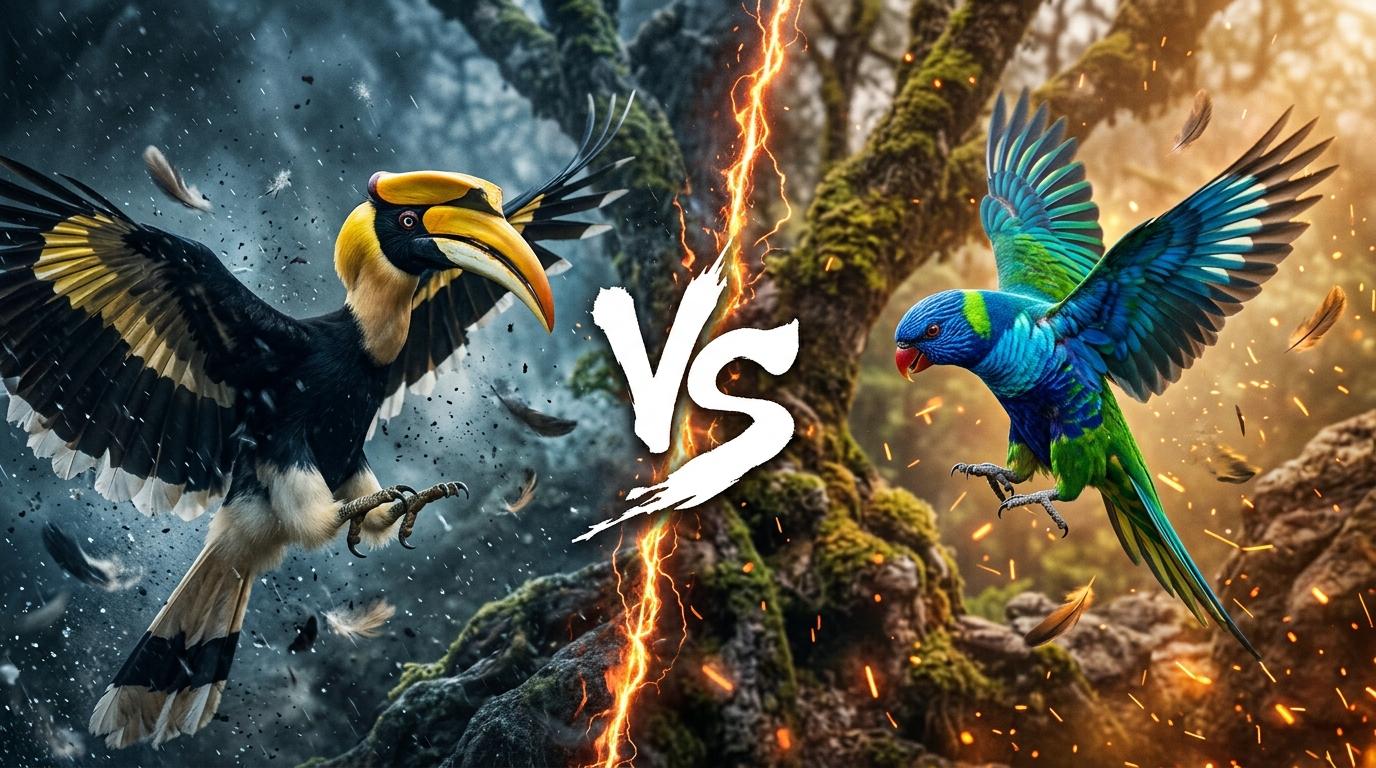 great-hornbill-vs-ultramarine-lorikeet comparison image on AnimalDex