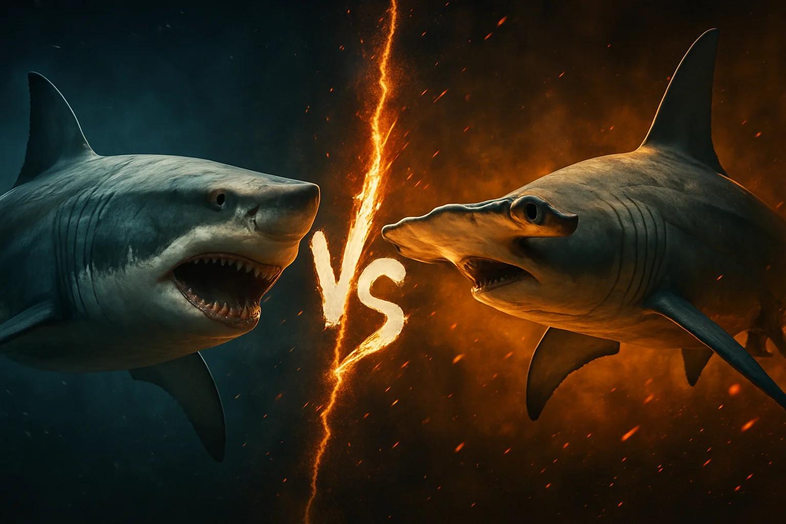 great-white-shark-vs-scalloped-hammerhead comparison image on AnimalDex