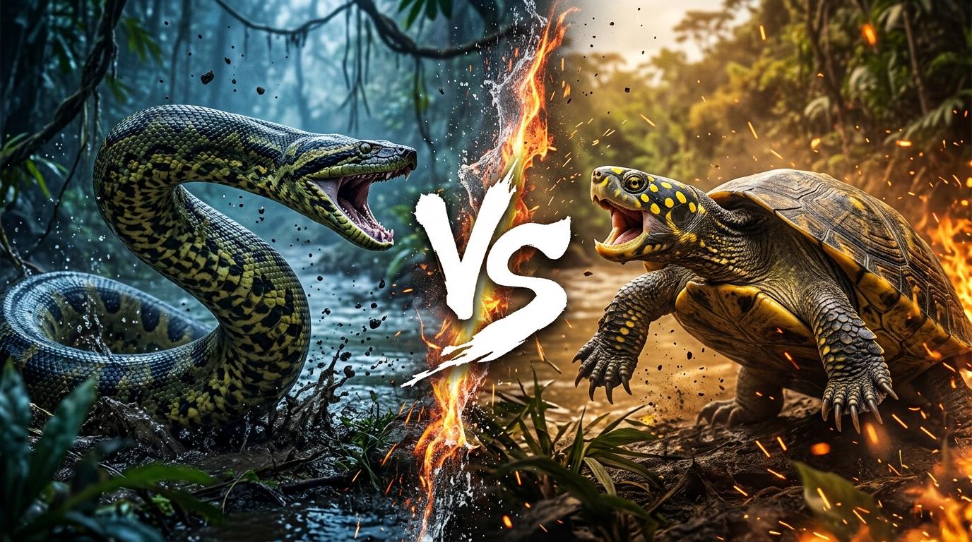 green-anaconda-vs-yellow-spotted-river-turtle comparison image on AnimalDex