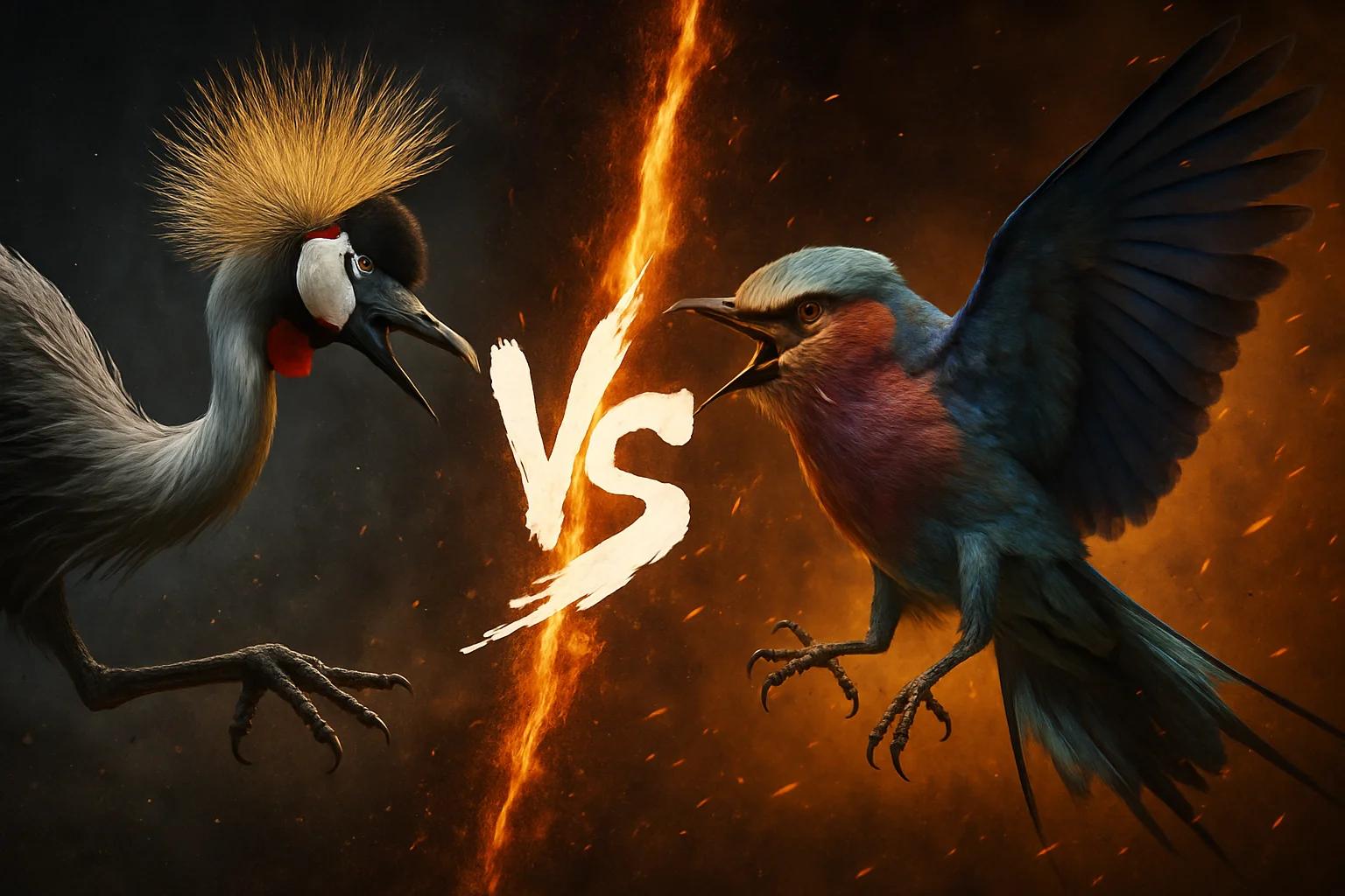 grey-crowned-crane-vs-lilac-breasted-roller comparison image on AnimalDex