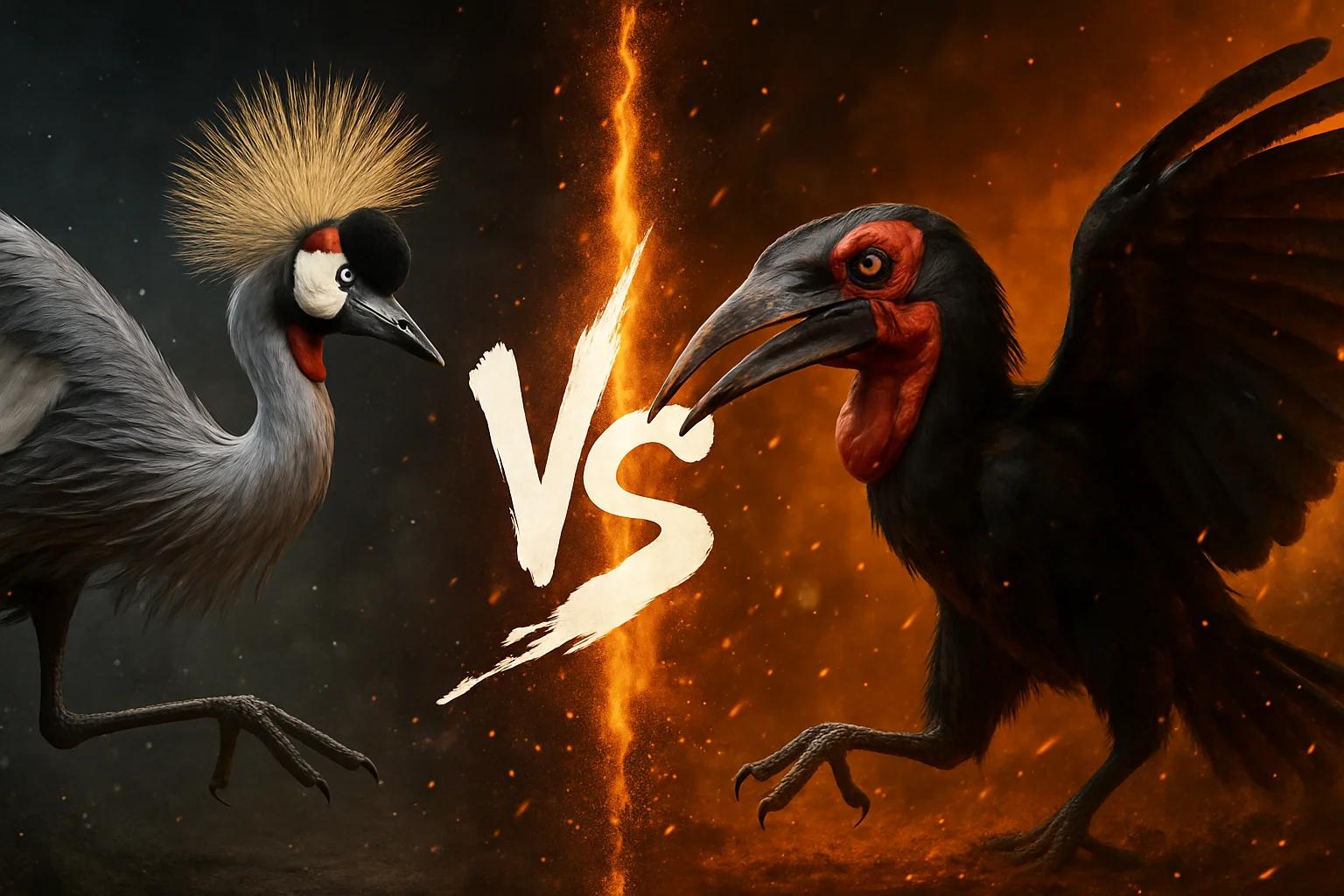 grey-crowned-crane-vs-southern-ground-hornbill comparison image on AnimalDex