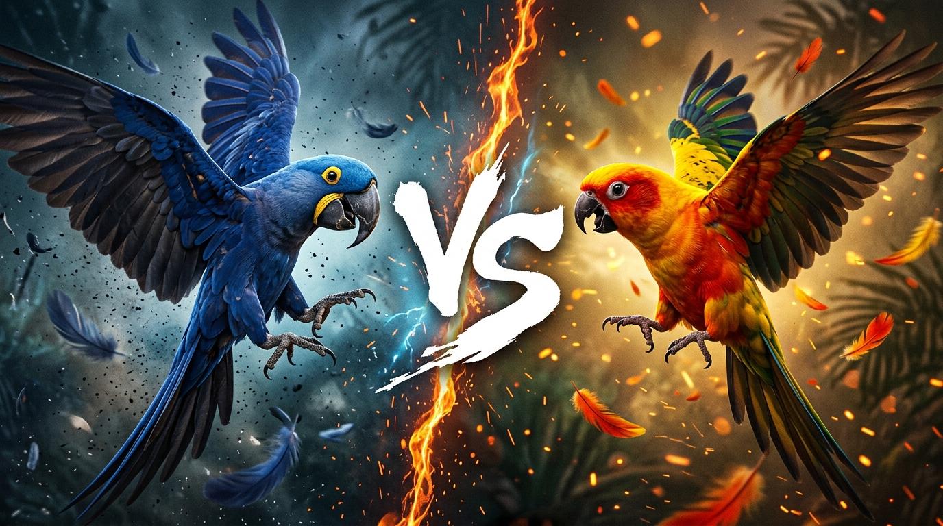 hyacinth-macaw-vs-sun-conure comparison image on AnimalDex