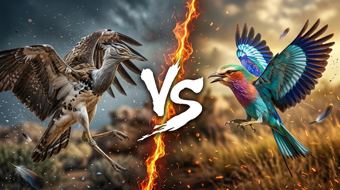 kori-bustard-vs-lilac-breasted-roller comparison image on AnimalDex