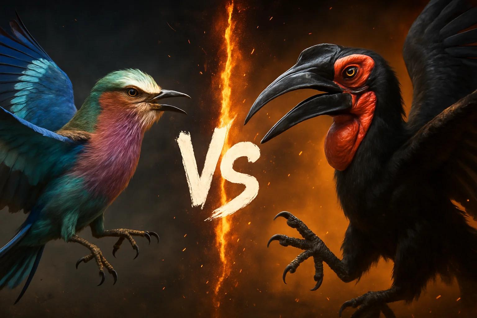 lilac-breasted-roller-vs-southern-ground-hornbill comparison image on AnimalDex