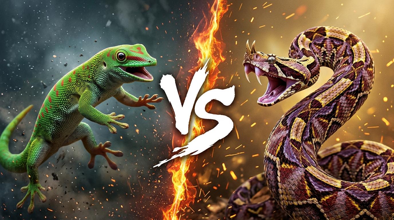 madagascar-day-gecko-vs-rhinoceros-viper comparison image on AnimalDex