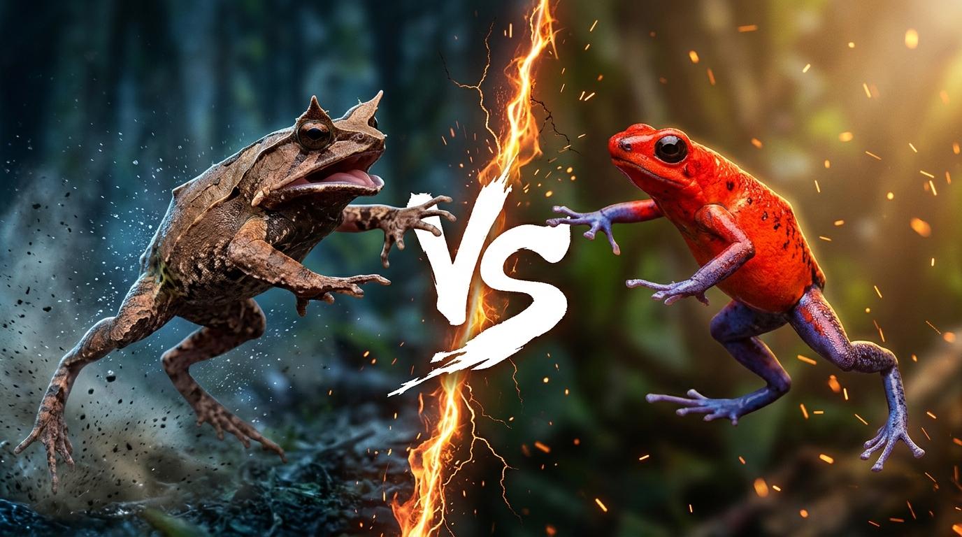malayan-horned-frog-vs-strawberry-poison-dart-frog comparison image on AnimalDex