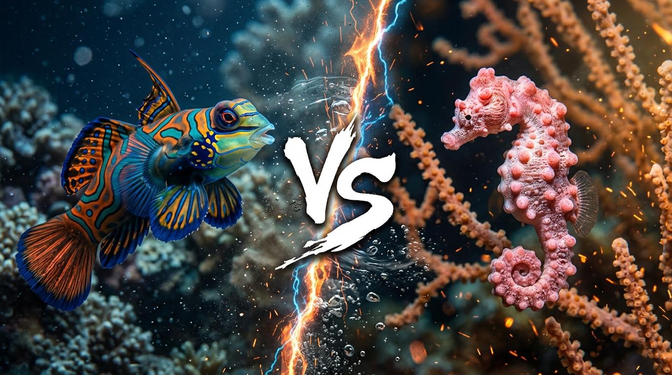 mandarinfish-vs-pygmy-seahorse comparison image on AnimalDex