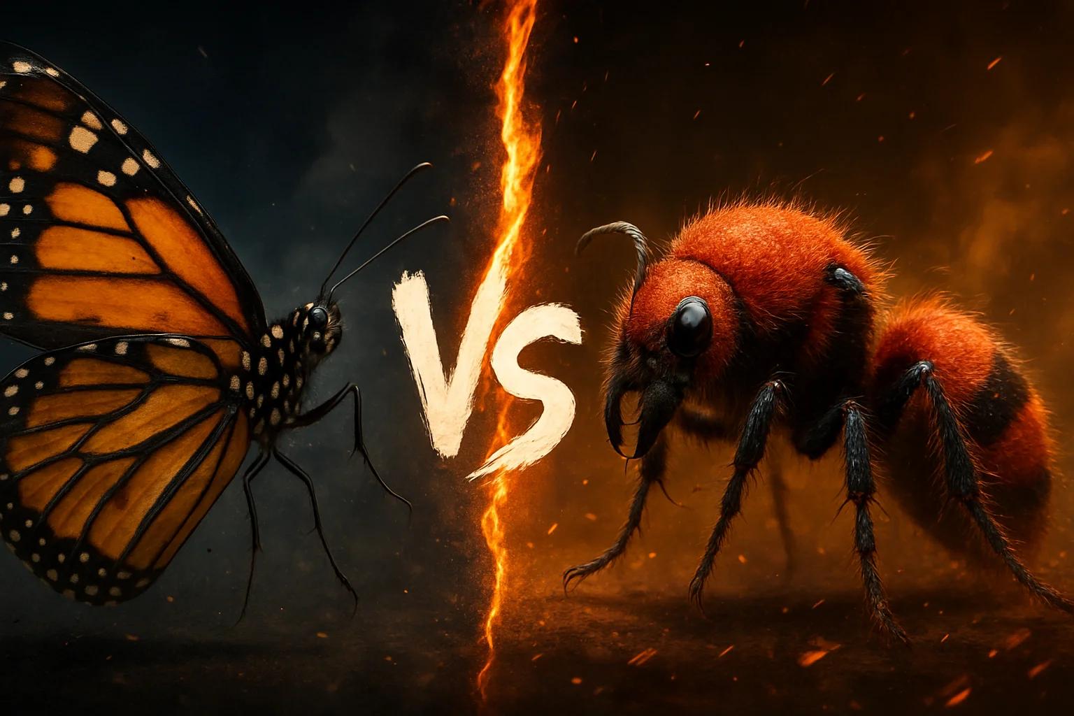 monarch-butterfly-vs-velvet-ant comparison image on AnimalDex