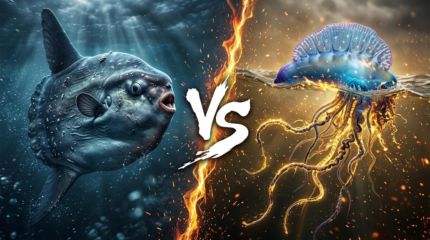 ocean-sunfish-vs-portuguese-man-o-war comparison image on AnimalDex