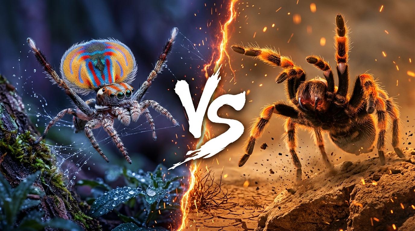 peacock-spider-vs-red-kneed-tarantula comparison image on AnimalDex