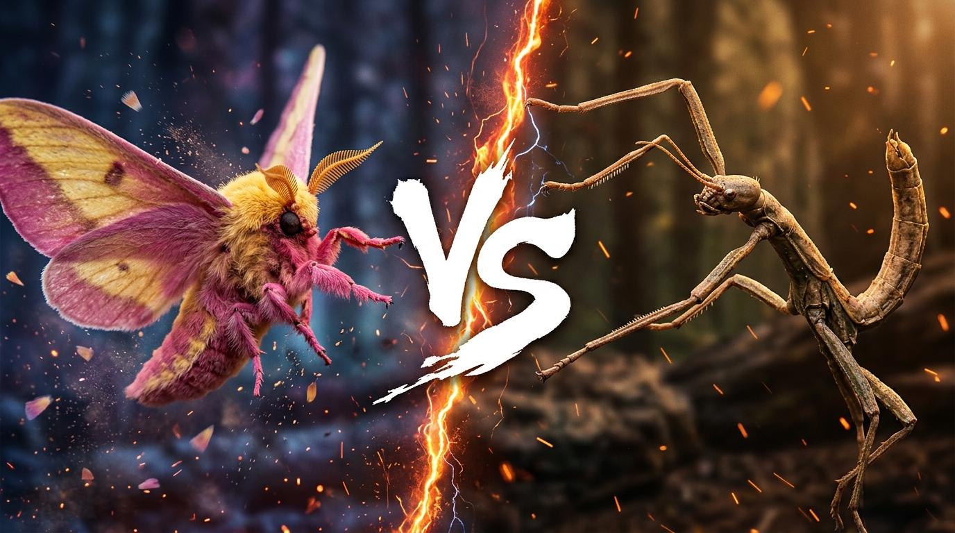 rosy-maple-moth-vs-northern-walkingstick comparison image on AnimalDex