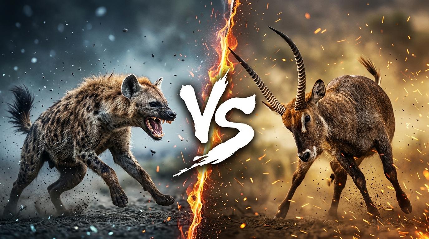 spotted-hyena-vs-waterbuck comparison image on AnimalDex