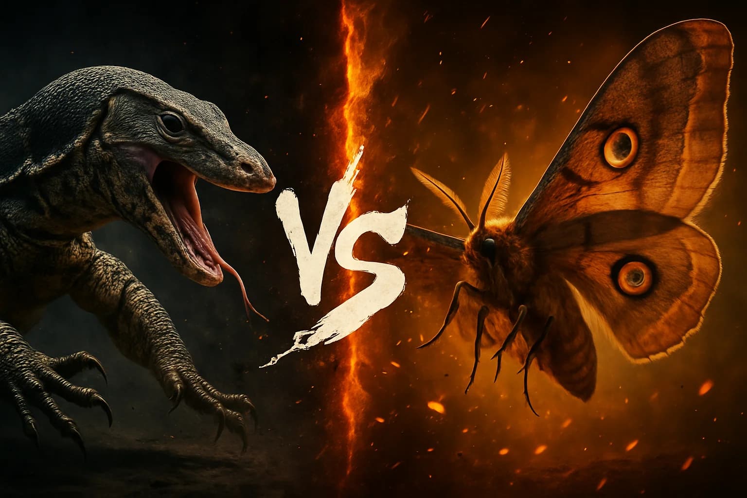 water-monitor-vs-polyphemus-moth comparison image on AnimalDex
