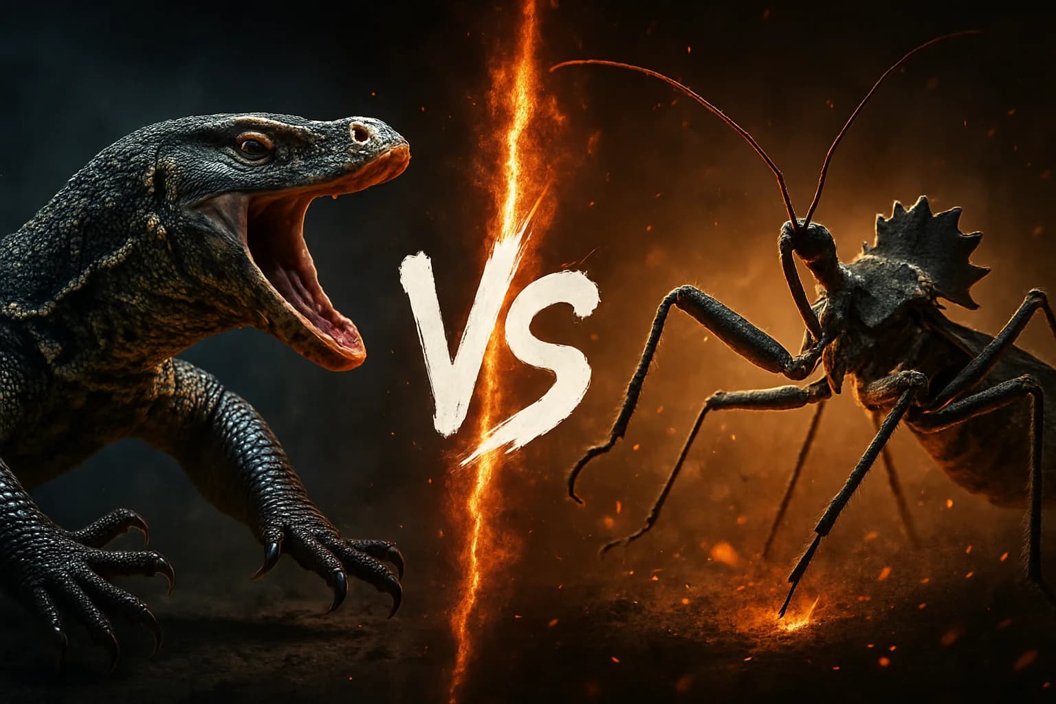 water-monitor-vs-wheel-bug comparison image on AnimalDex