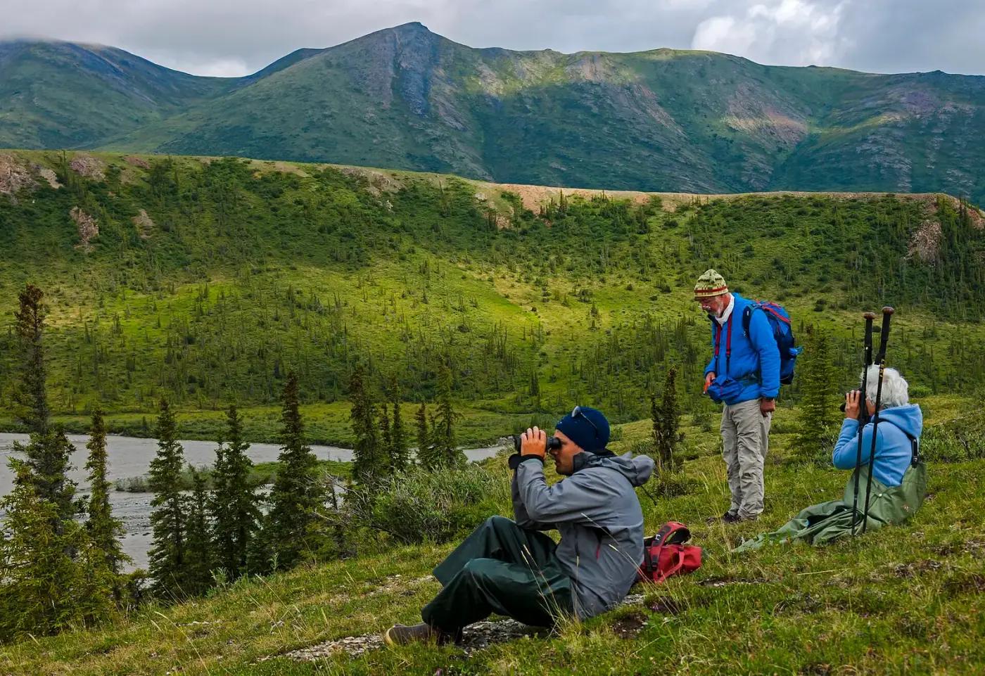 Hikers looking over Joe Creek in Ivvavik National Park, Yukon
