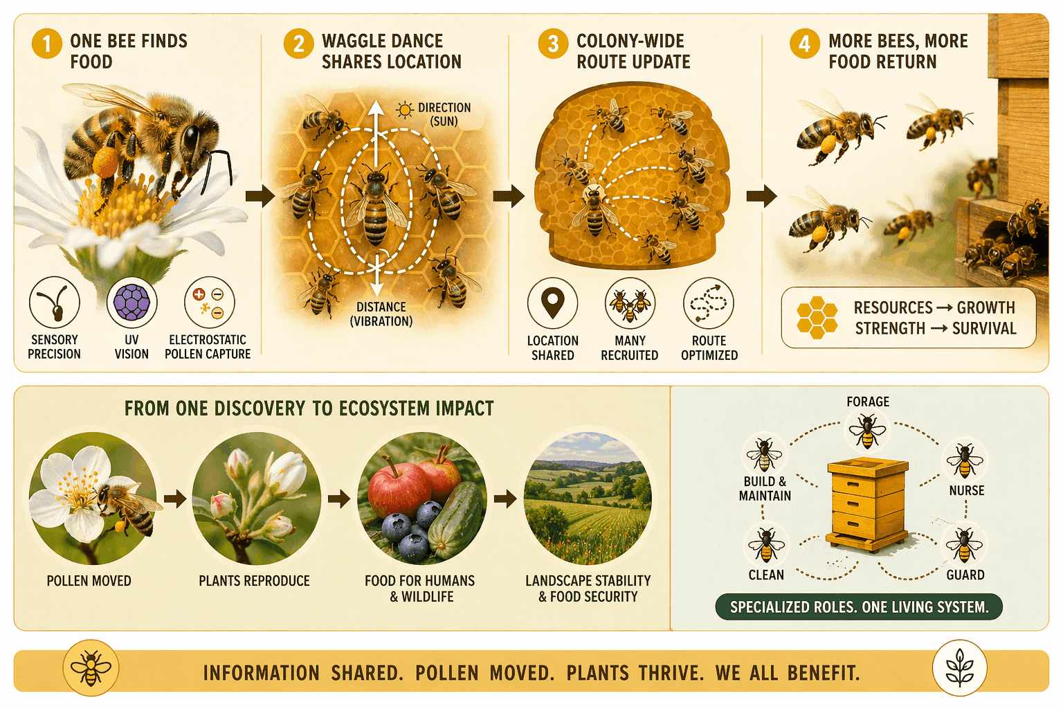 Honey bees educational infographic summarizing pollination, colony behavior, survival strategy, and ecosystem role